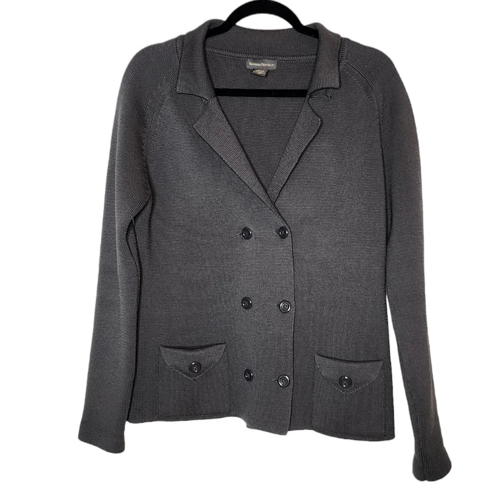 Banana Republic 100% Merino Wool Grey Knit Sweater Blazer Size Medium‎ Vintage